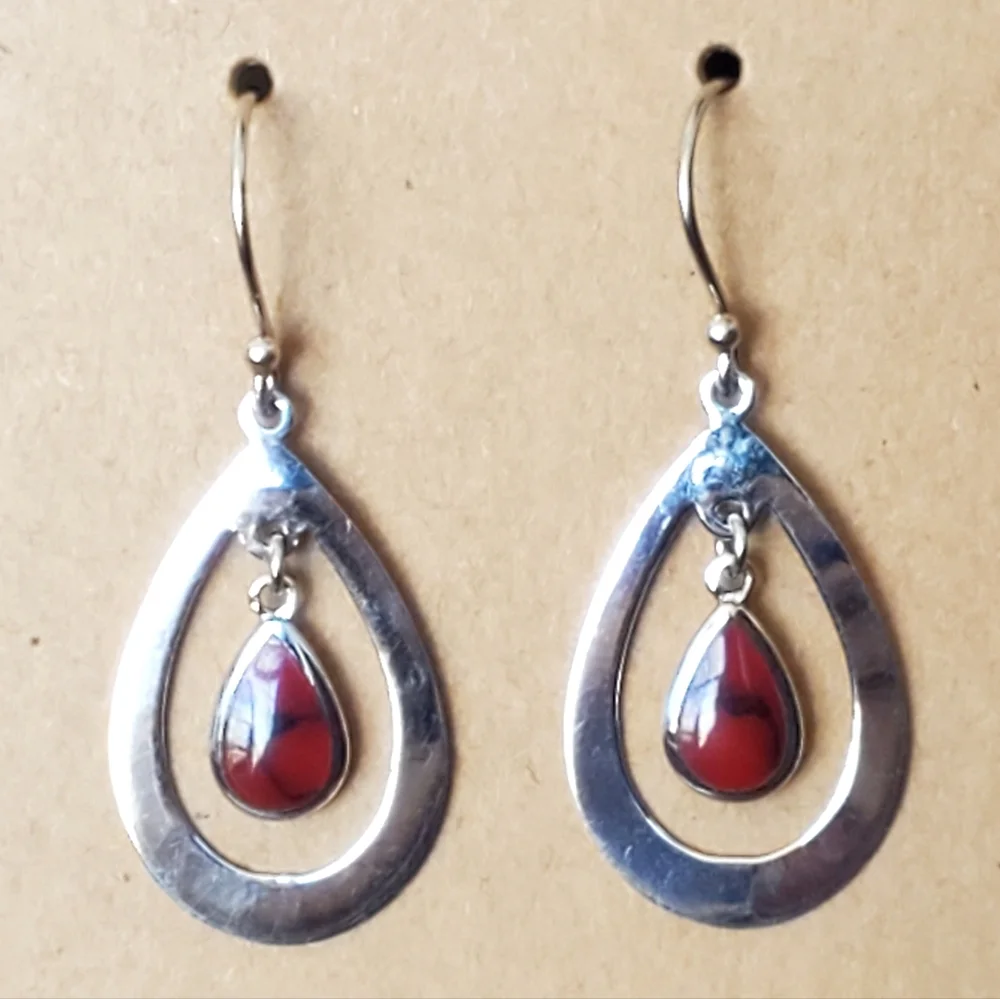 925 Sterling Silver Red Jasper Teardrop Earrings - Picture 2 of 7